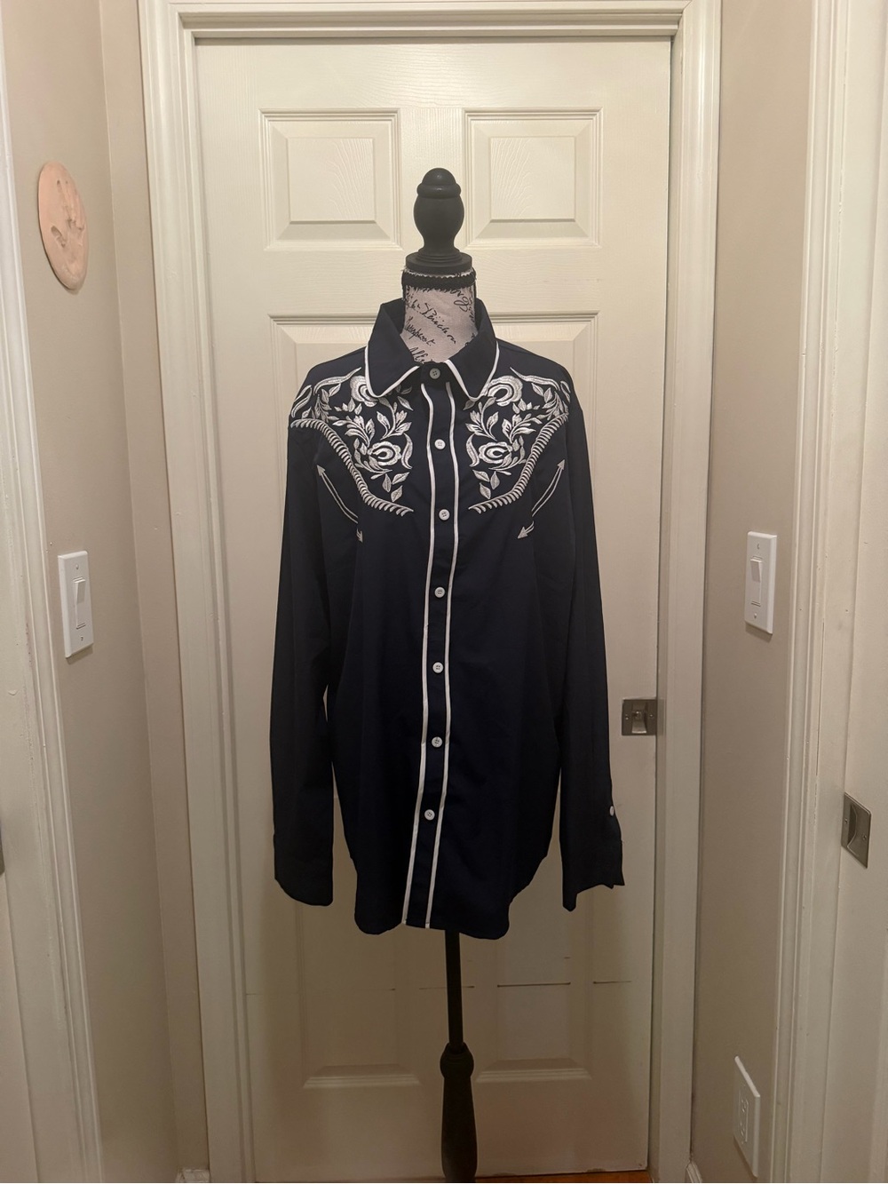 Unisex Navy/White Western Embroidered Shirt